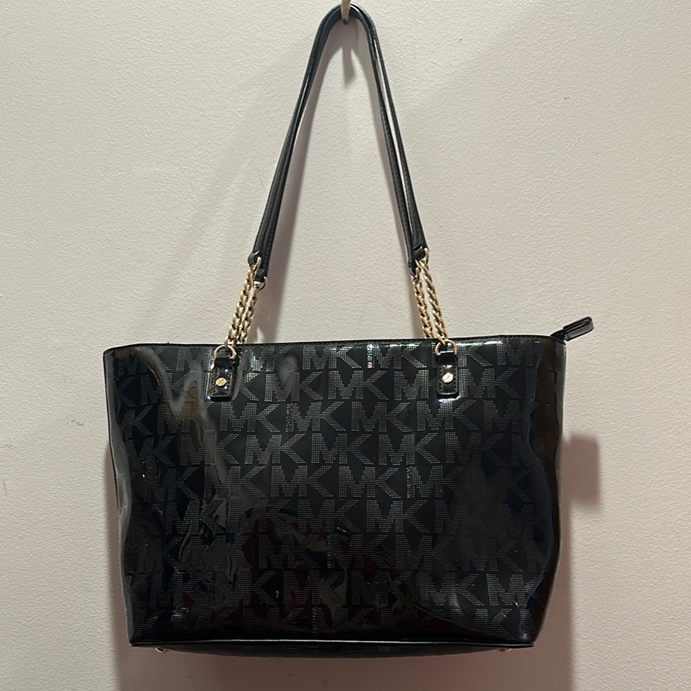 Michael Kors Black Embossed Tote with Gold Accents